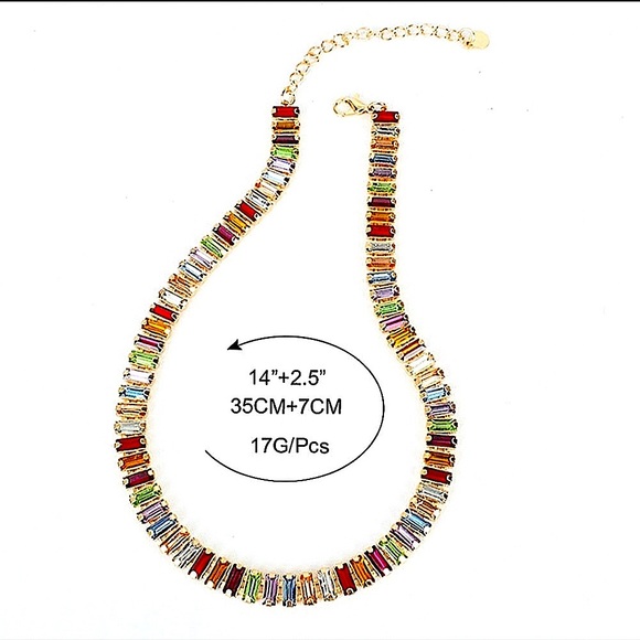 Gold Baguette Multicolor Rhinestone Choker Earrings Bracelet Matching Set 18k - Picture 13 of 13